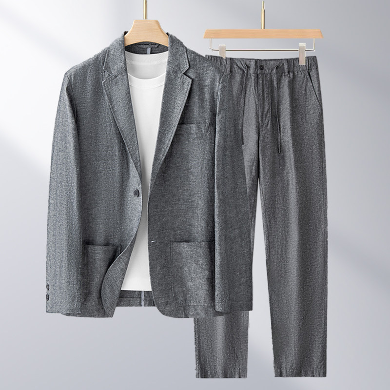 亚麻西服套装男士宽松休闲商务春季薄款麻料西装外套棉麻两件套装