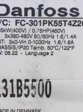 Danfoss丹佛斯变频器FC-301PK55T4Z20H3T 131B5500 0.55KW 400V