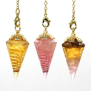 【灵摆调频srt】镀金天然水晶石碎石树脂六角锥灵摆吊坠 内镶弹簧