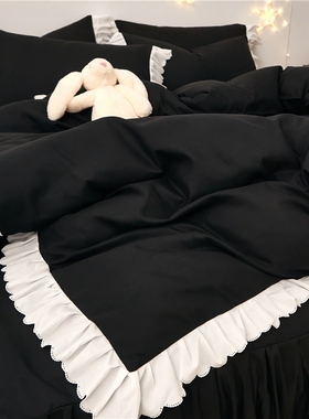 黑色床裙四件套1.8m床韩版风床罩被单被套200x230cm床单床上用品4
