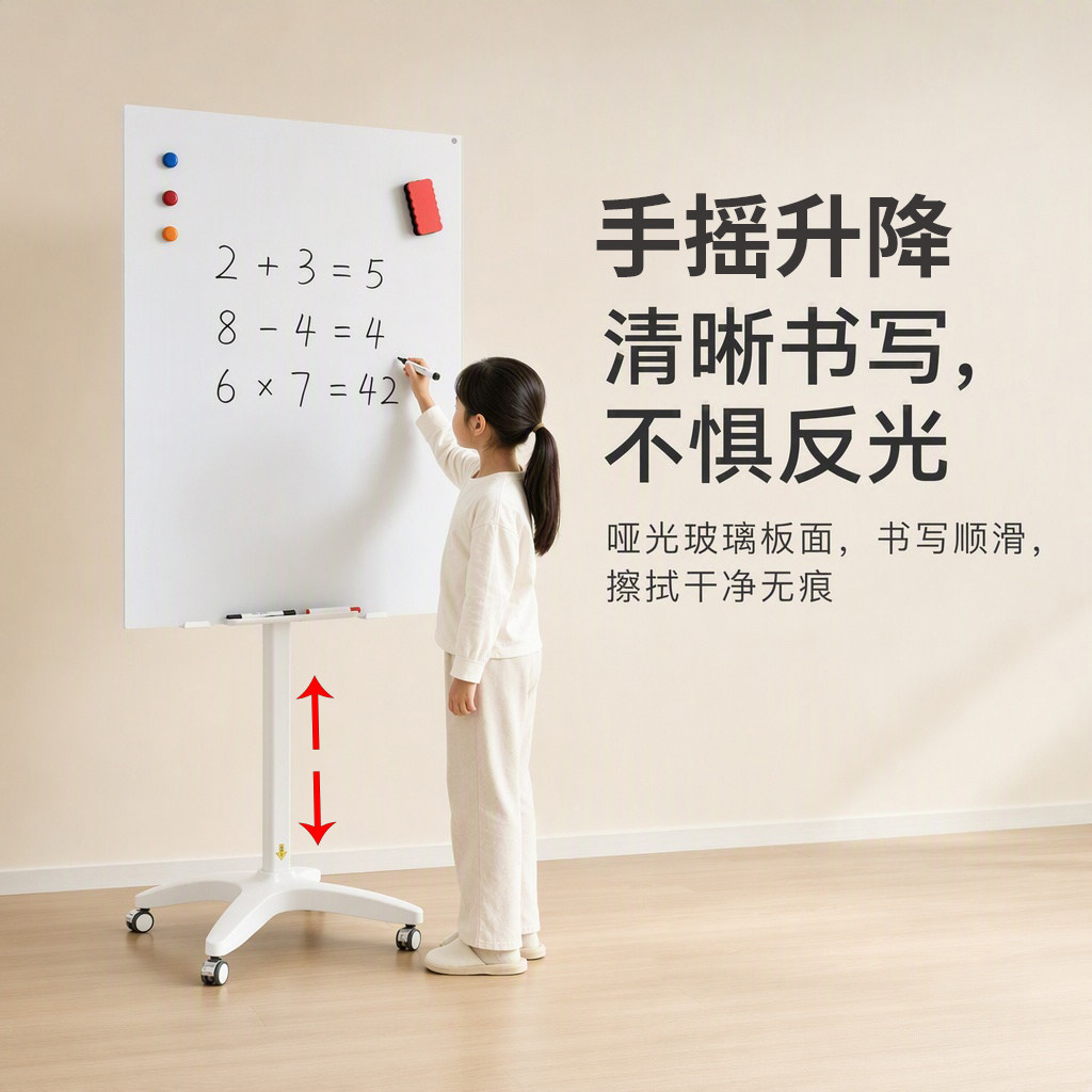 手摇升降哑光钢化玻璃支架式移动带轮可檫写办公小黑板家用教学培训书写备忘板磁性儿童画板记事板家庭写字板