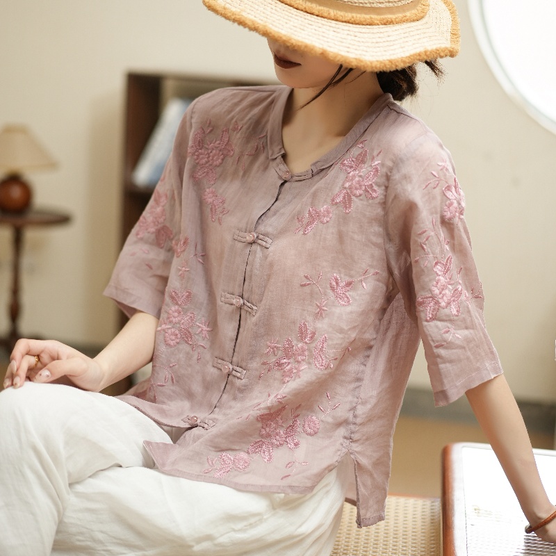【A74】夏季绣花刺绣苎麻衬衣复古文艺衬衣宽松气质圆领衬衫上衣