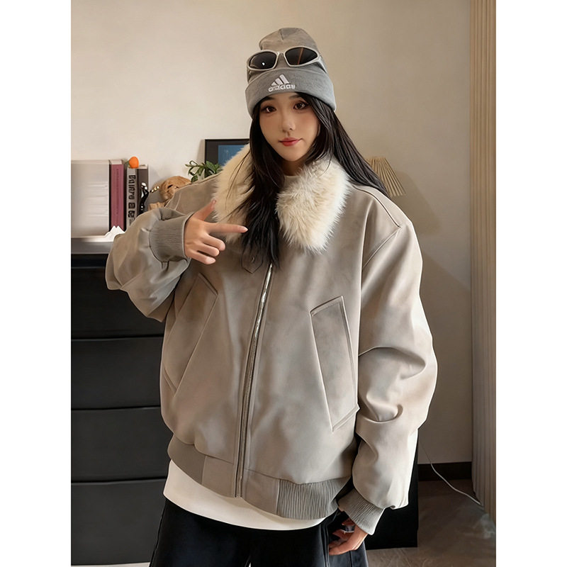 灰色美式扎染毛领皮衣夹克棉服男冬季高级感痞帅加厚保暖棉衣外套