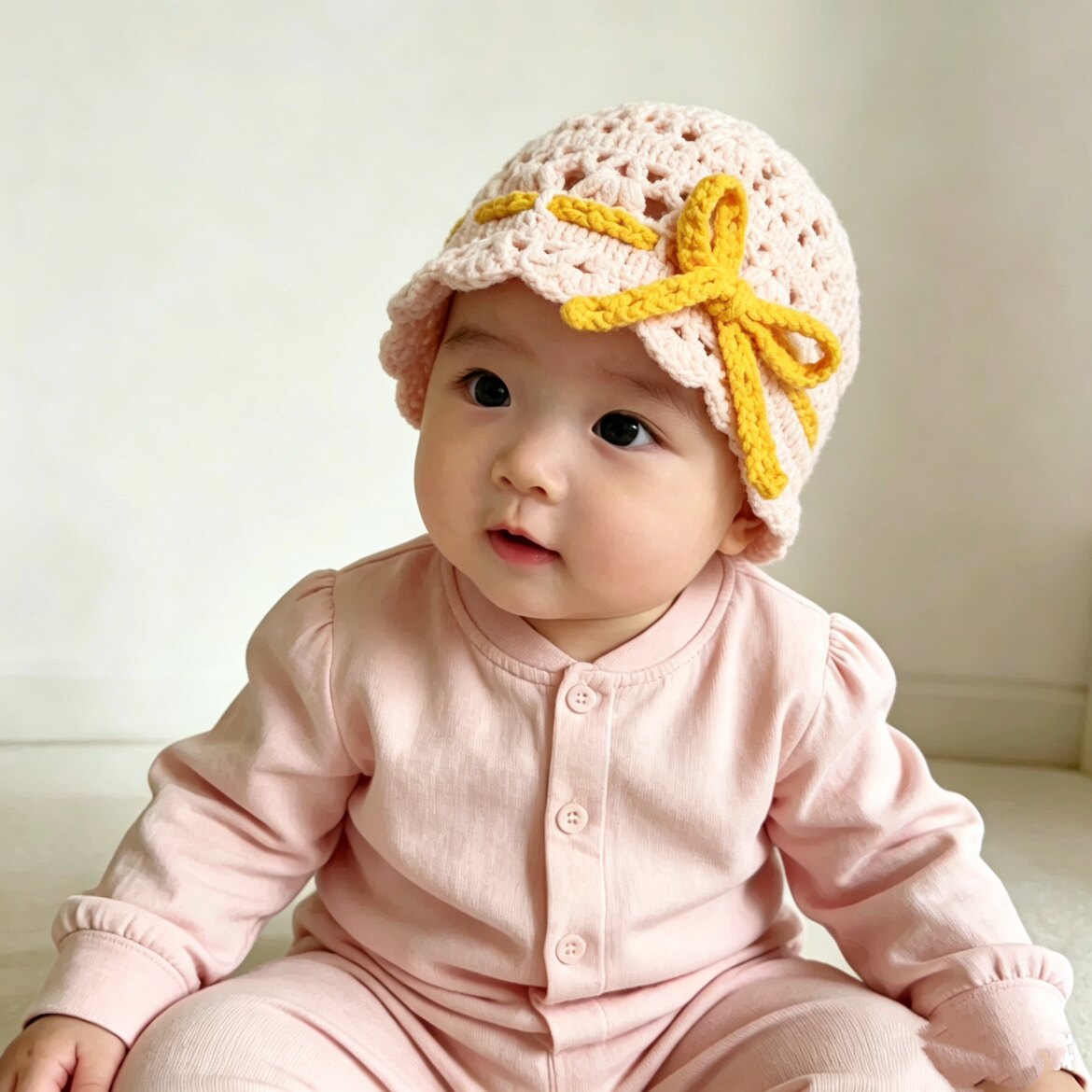 手工钩织婴儿蜜枣花镂空帽雪妃尔四股帽子满月拍照丝带加系带男女