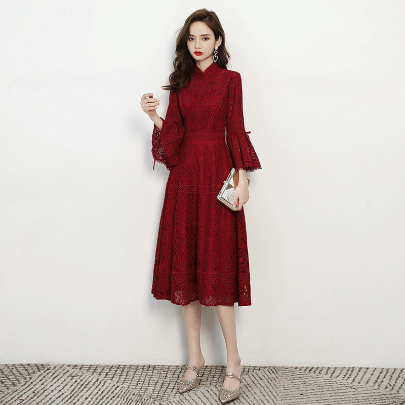 敬酒服新娘平时可穿酒红色结婚回门便装订婚连衣裙旗袍晚礼服裙女