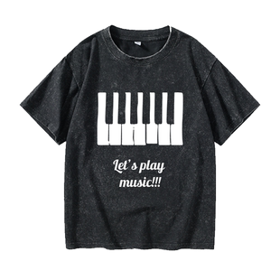 钢琴键图案音乐piano音符T恤短袖小清新衣服女男圆领大码宽松夏季