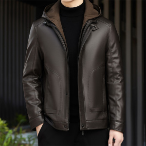 中老年皮羽绒服25年冬季新款帽可脱卸羽绒服皮夹克M76678P230外景图片
