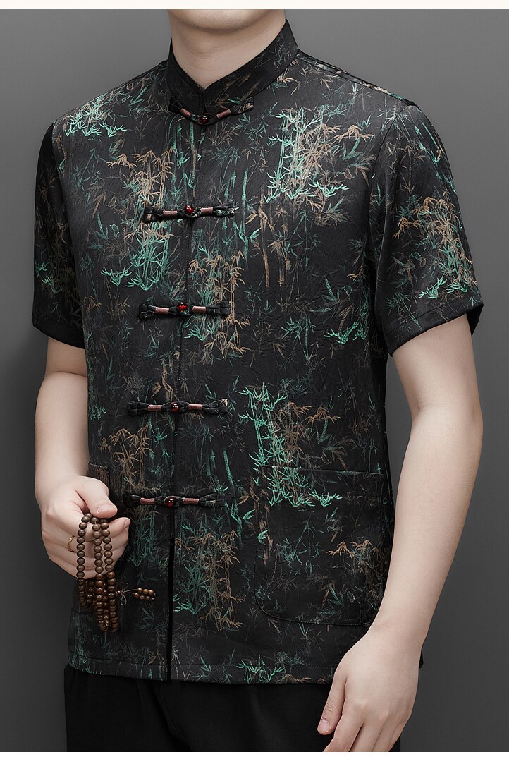 高端印花唐装夏季香云纱男中老年风新中式汉服T9216P90绿色,男装民族服装,星座804（原QT730）