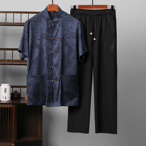 夏季高端唐装套装男士中老年新中式汉服T5106P123红色图片