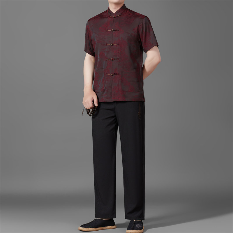 夏季高端唐装套装男士中老年新中式汉服T5106P123红色,男装民族服装,星座804（原QT730）