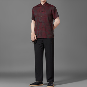 夏季高端唐装套装男士中老年新中式汉服T5106P123红色图片