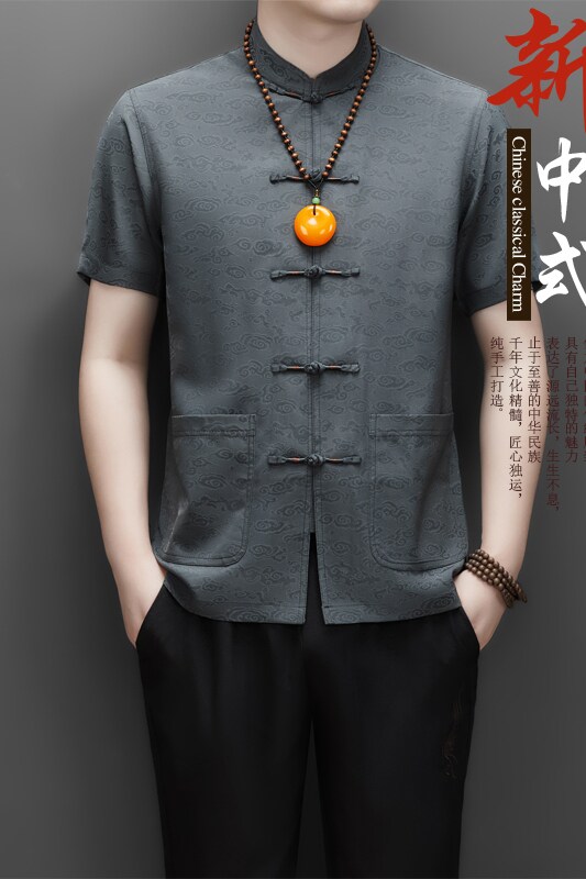 夏季男士仿真丝印花唐装中老年风新中式汉服男M9301P103深灰,男装民族服装,星座804（原QT730）