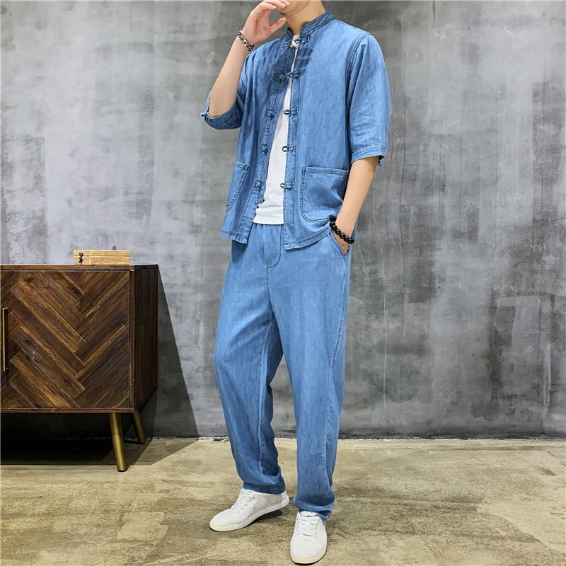 25年风水洗牛仔薄款唐装男五分袖套装XZ804/T7708P145,男装民族服装,星座804（原QT730）