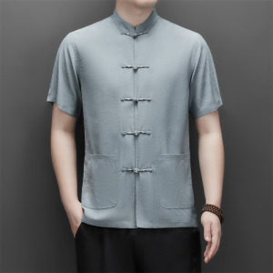 25年夏季仿真丝高端唐装男士中老年风新中式汉服M9301P73图片