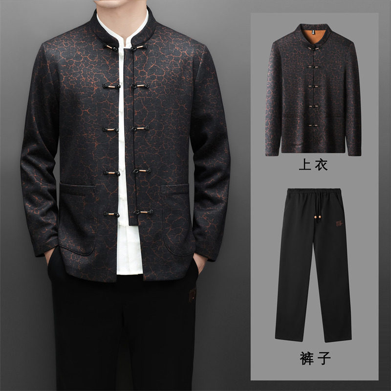 冬季老人印花唐装风男加绒套装爸爸中式品质外套T25317P180,男装民族服装,星座804（原QT730）