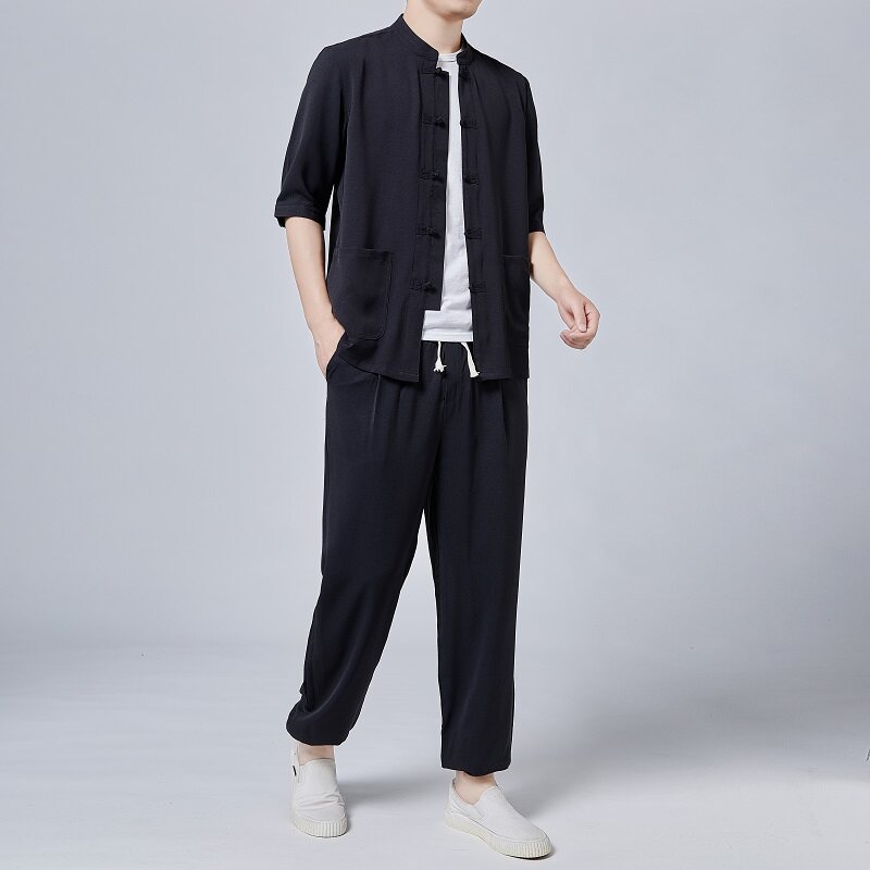 冰丝套装夏季风中老年五分袖立领盘扣外套T8008P105黑色,男装民族服装,星座804（原QT730）