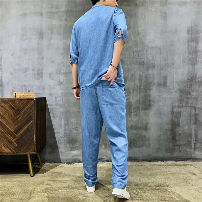 风五分袖水洗牛仔薄款唐装男套装XZ804/T7708P145浅蓝色,男装民族服装,星座804（原QT730）