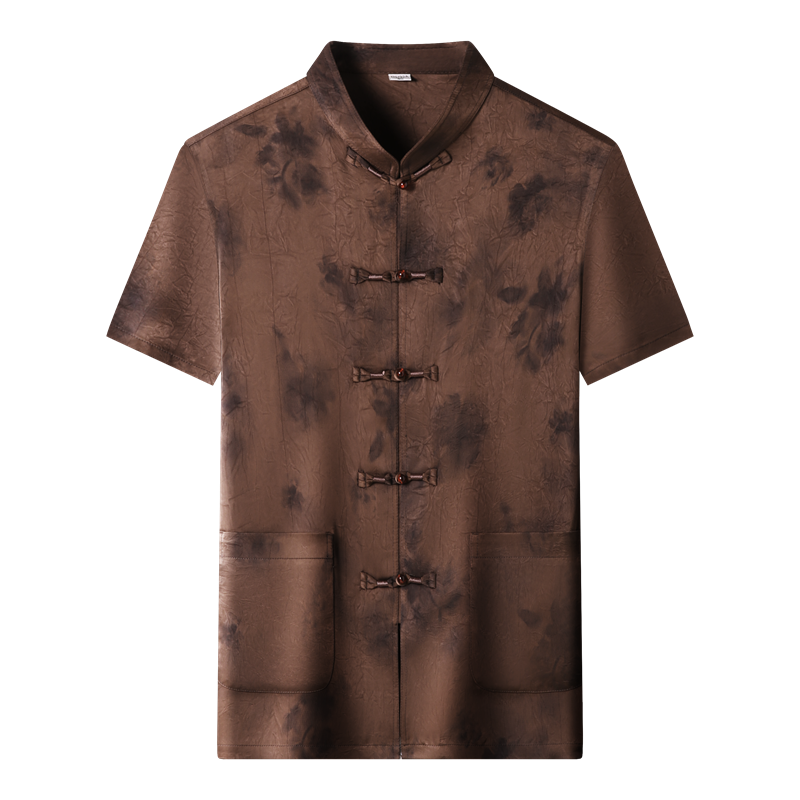 夏季香云纱高端印花唐装男士中老年风新中式汉服M9217P63红色,男装民族服装,星座804（原QT730）