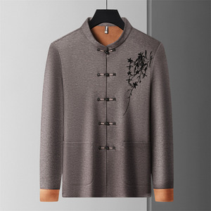 冬季老人绣花唐装风男加绒套装爸爸中式品质外套T25339P180图片