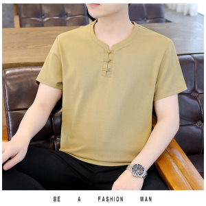 风盘扣禅服潮流大码男士夏季古风V领半袖上衣服XC6510P48黄色图片