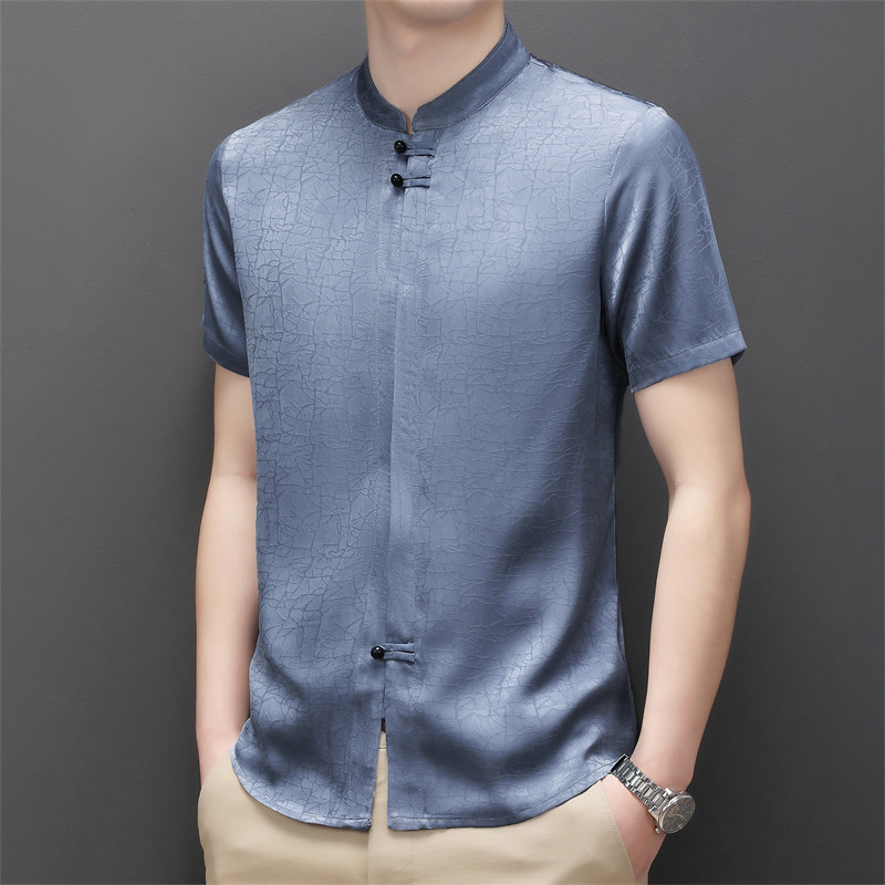 夏季风短袖衬衫男装汉服盘扣立领休闲男士衬衣M226P60灰蓝色,男装民族服装,星座804（原QT730）