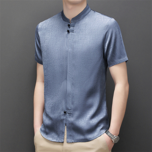 夏季风短袖衬衫男装汉服盘扣立领休闲男士衬衣M226P60灰蓝色图片