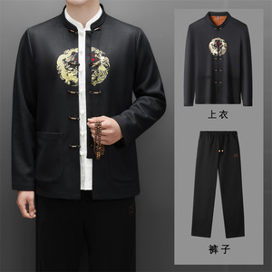 冬季老人绣花唐装风男加绒套装爸爸中式品质外套T25501P180图片