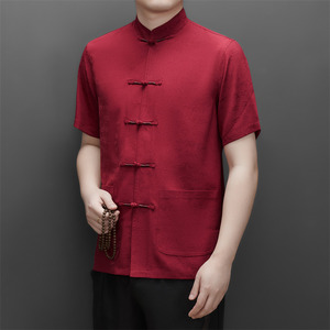高端提花仿真丝唐装男士中老年风新中式汉服MB9301P96藏青色图片