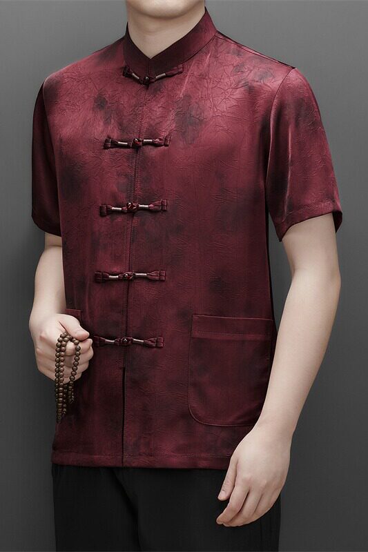 夏季香云纱高端印花唐装男士中老年风新中式汉服M9217P63红色,男装民族服装,星座804（原QT730）