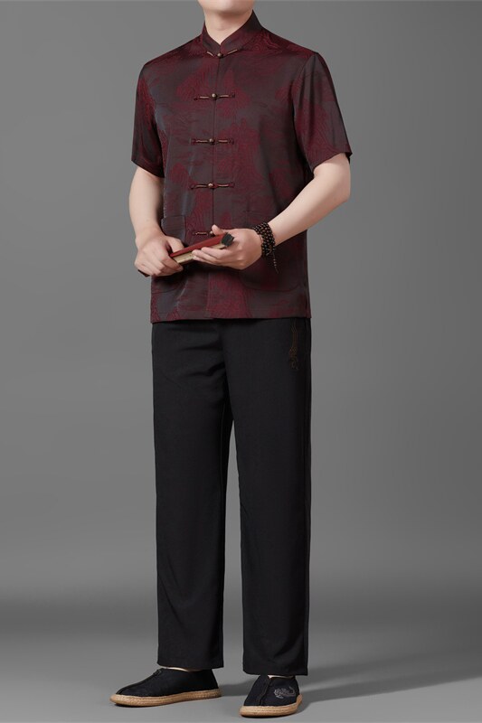 夏季高端唐装套装男士中老年新中式汉服T5106P123红色,男装民族服装,星座804（原QT730）