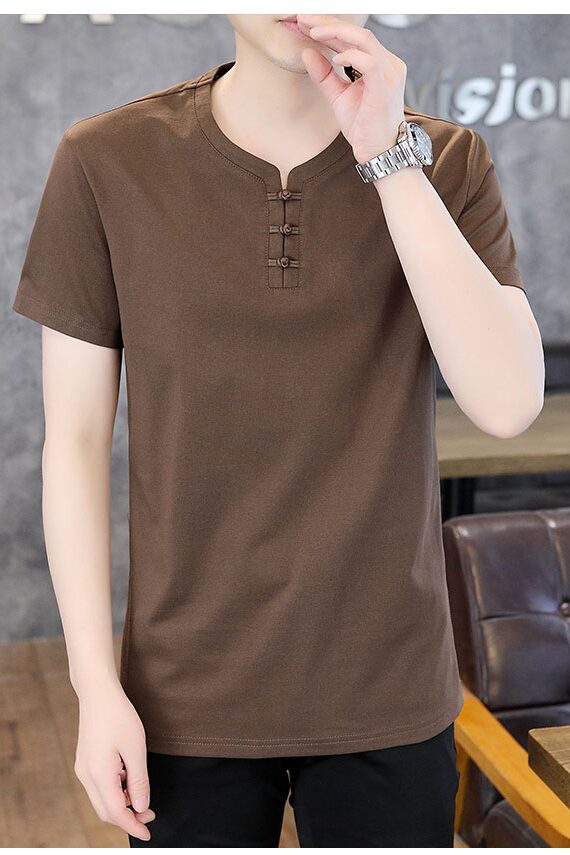 男夏季风大码盘扣禅服古风立领半袖上衣服XC6512P48焦糖色,男装民族服装,星座804（原QT730）