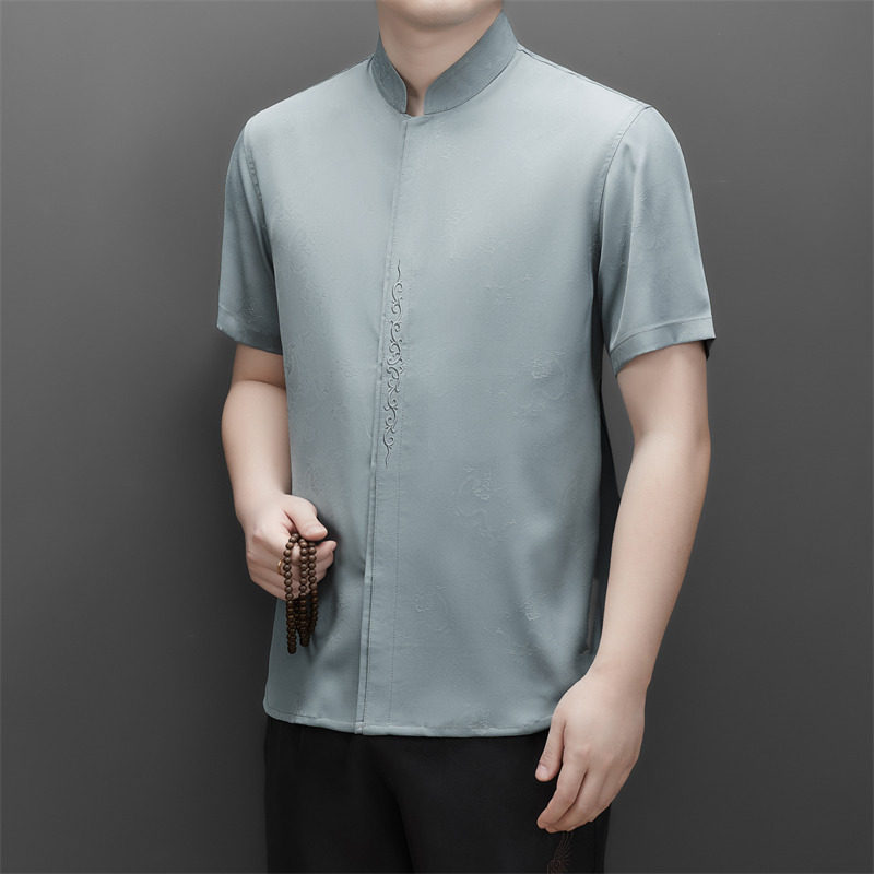 男士中老年仿真丝高端提花唐装风新中式汉服MB9303P96灰绿色,男装民族服装,星座804（原QT730）