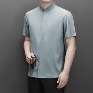 男士中老年仿真丝高端提花唐装风新中式汉服MB9303P96灰绿色图片