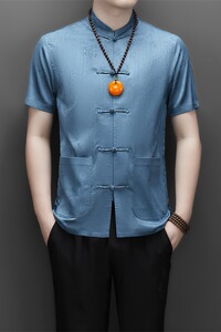 高端提花唐装男士中老年风新中式汉服T9302P123碧蓝色图片