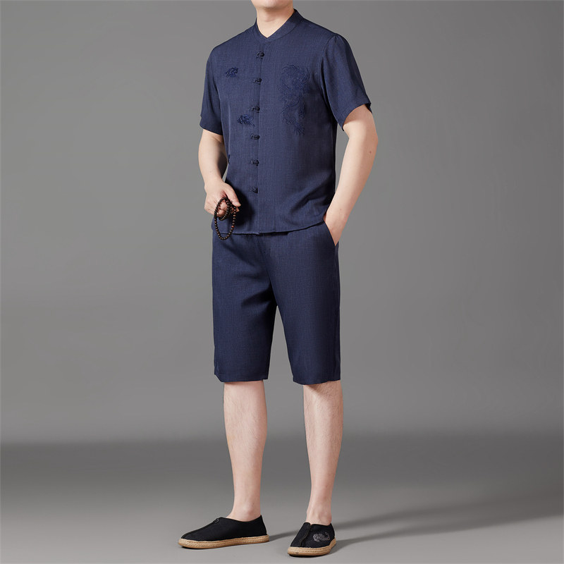 仿真丝短袖衬衫唐装中老年风新中式汉服B5101P87藏青色图片