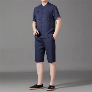 仿真丝短袖衬衫唐装中老年风新中式汉服B5101P87藏青色图片