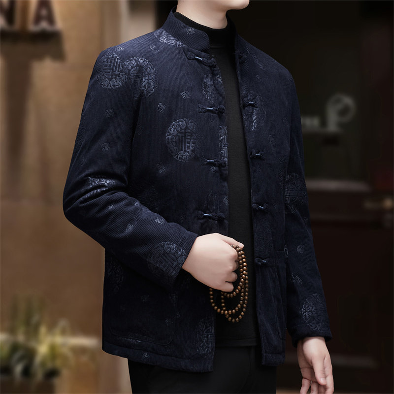 XZ804冬季老人印花羽绒服风唐装汉服灯芯绒外套D2293P185,男装民族服装,星座804（原QT730）
