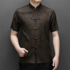 夏季高端唐装男士中老年风新中式汉服M5106P93咖色图片