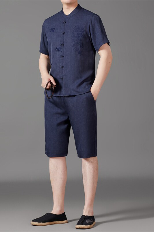 仿真丝短袖衬衫唐装中老年风新中式汉服B5101P87藏青色,男装民族服装,星座804（原QT730）