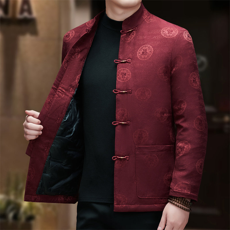 风唐装老人立领印花唐装羽绒服外套男XZ804/D21815P200外景,男装民族服装,星座804（原QT730）