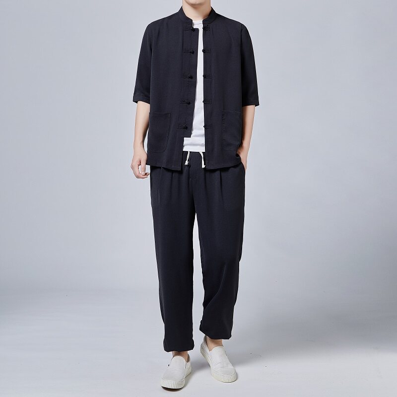 冰丝套装夏季风中老年五分袖立领盘扣外套T8008P105黑色图片