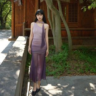 小菊川栗/花间一吟裙 暮春紫风情飘带渐变网纱镂空单肩修身连衣裙