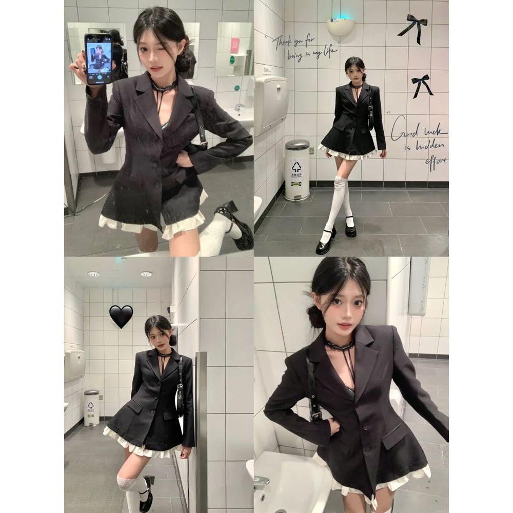 财阀千金气质黑色西装连衣裙高级2025春装新款气质拼接下摆短裙
