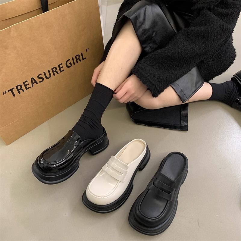 胖脚单鞋小皮鞋包头半拖鞋大码