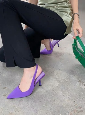 大码女鞋41一43宽胖脚鞋子夏季新款单鞋法式尖头紫色细跟高跟鞋春