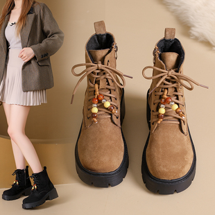 大码女靴41一43秋冬加绒英伦风圆头厚底短靴子胖脚宽肥粗跟马丁靴