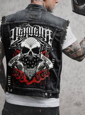 2599新款跨境夏季男装印花牛仔开衫翻领男式休闲马甲Waistcoa