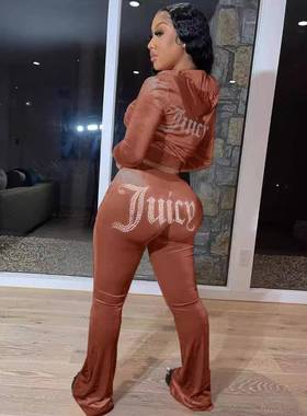 LD81062秋冬新款跨境欧美女装亚马逊爆款金丝绒烫钻字母休闲套装