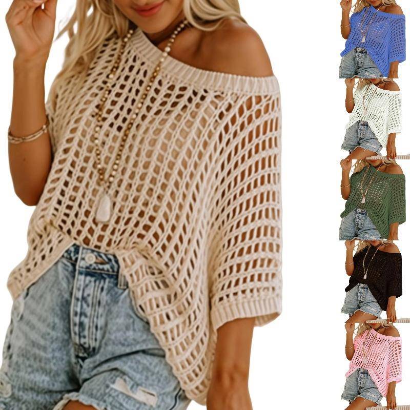 2025跨境外贸夏季五分袖性感镂空挑空上衣套头沙滩罩衫针织毛衣女