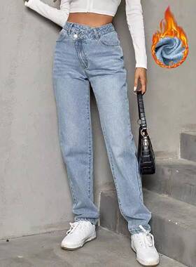 预售-15229#亚马逊跨境女装欧美外贸无弹保暖直筒显瘦牛仔长裤潮